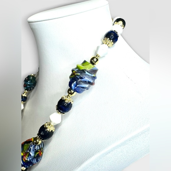 ARTISAN Murano Glass Millefiori, Blue Tiger’s Eye & Vintage Milkglass Necklace - Picture 9 of 16